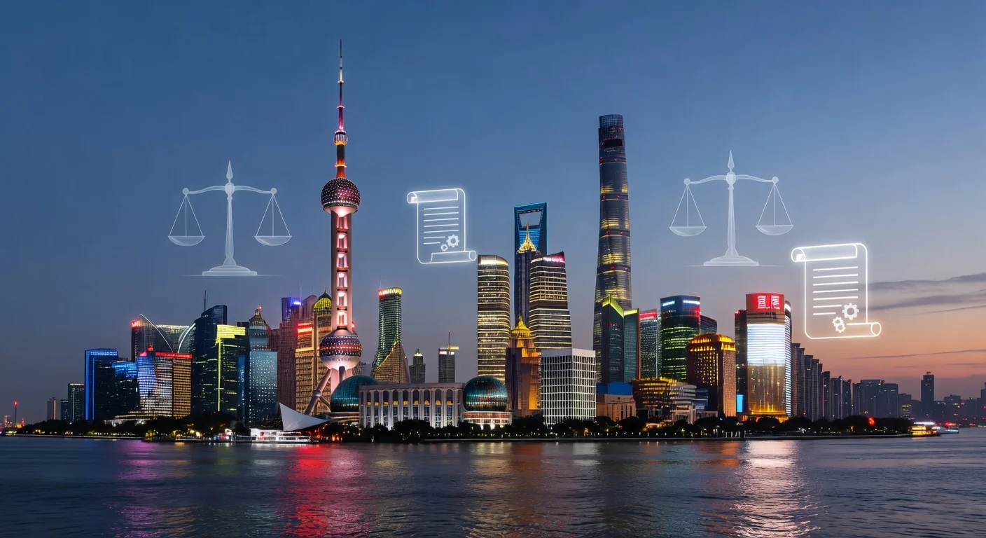 Shanghai skyline with legal icons
