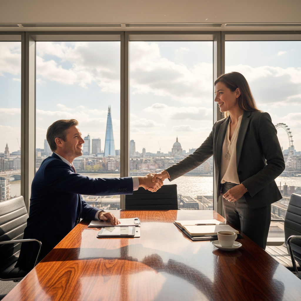 A photorealistic image of two professional businesspeople in a modern UK office setting, shaking hands over a conference table with city skyline view, symbolizing a successful asset purchase deal without showing any legal documents.