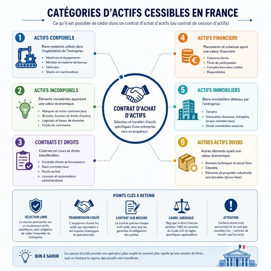Catégories d\'actifs cessibles dans un contrat de cession d\'actifs
