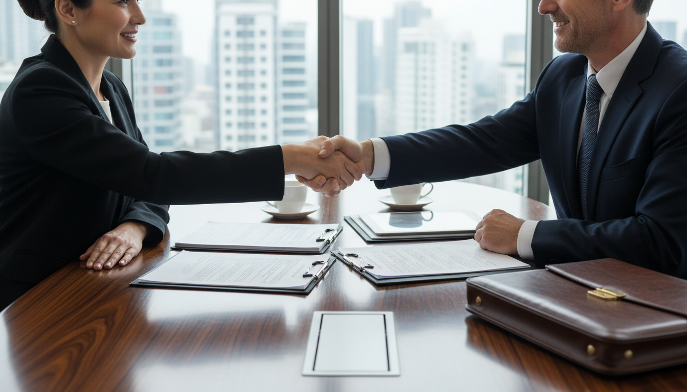 Business professionals signing asset transfer contract.