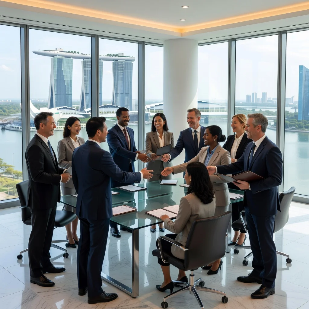 A professional scene representing asset acquisition in Singapore, showing a diverse group of business professionals in a modern conference room overlooking the Singapore skyline, discussing and shaking hands over a deal, symbolizing successful asset purchase without pitfalls.
