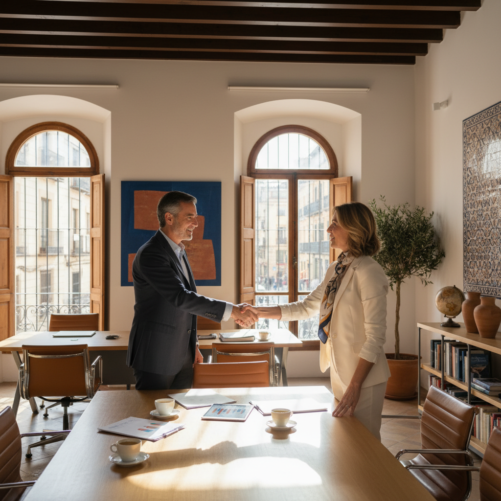 A professional business meeting in a modern Spanish office, where a diverse group of adults is shaking hands over a deal involving asset transfer, symbolizing a successful asset purchase agreement, with subtle Spanish elements like a flag or architecture in the background.