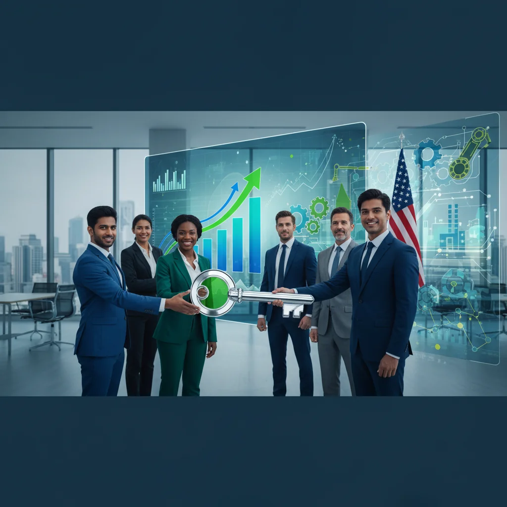 A professional business scene illustrating asset acquisition in the US, featuring a confident executive shaking hands with a partner in a modern conference room, with subtle icons representing business assets like a building model, digital charts, and a globe on the table, conveying trust, growth, and strategic partnership without showing any legal documents.