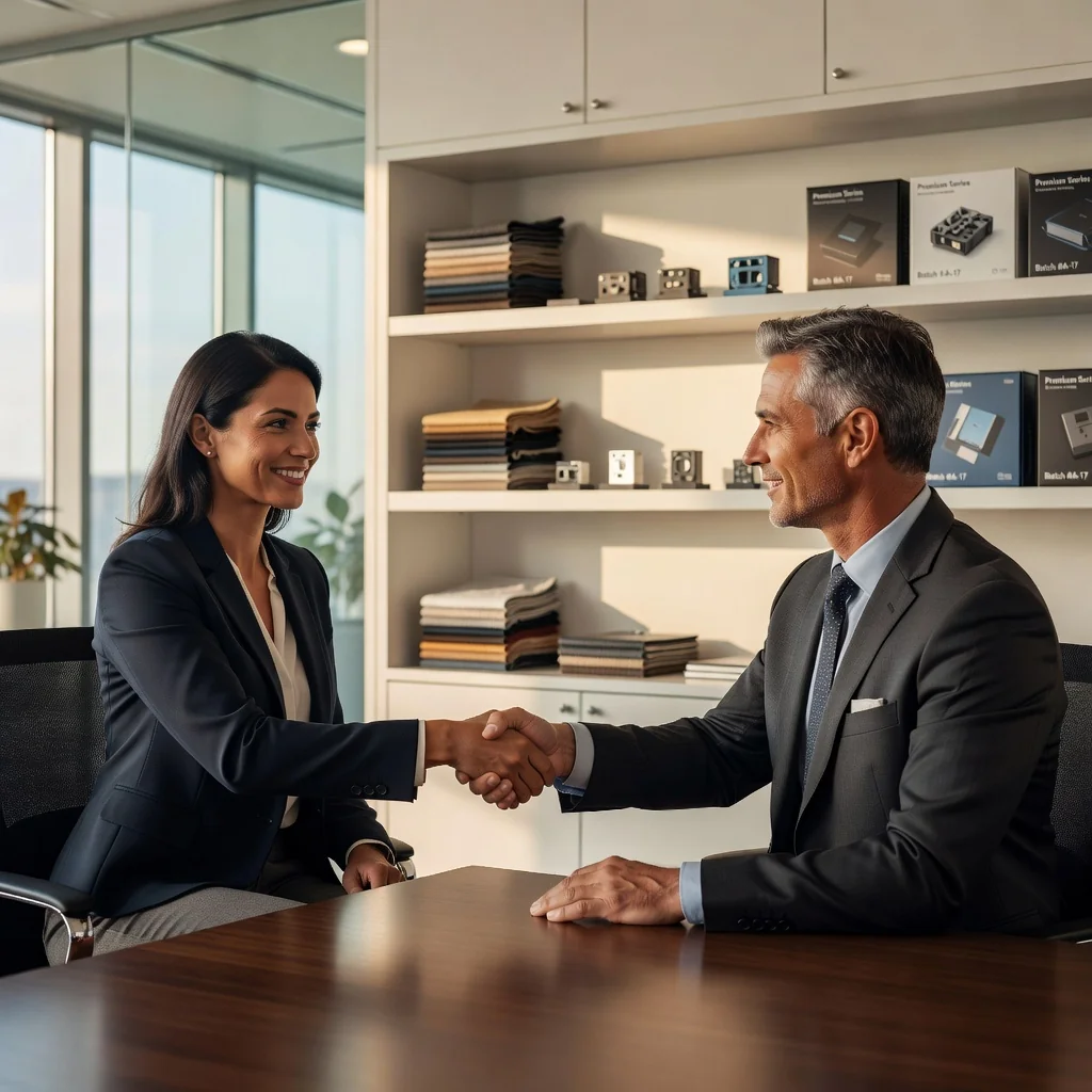 A photorealistic image depicting a professional business handshake between two adults in a modern office setting, symbolizing a successful purchase agreement for goods, with no legal documents visible, ensuring no children are present.