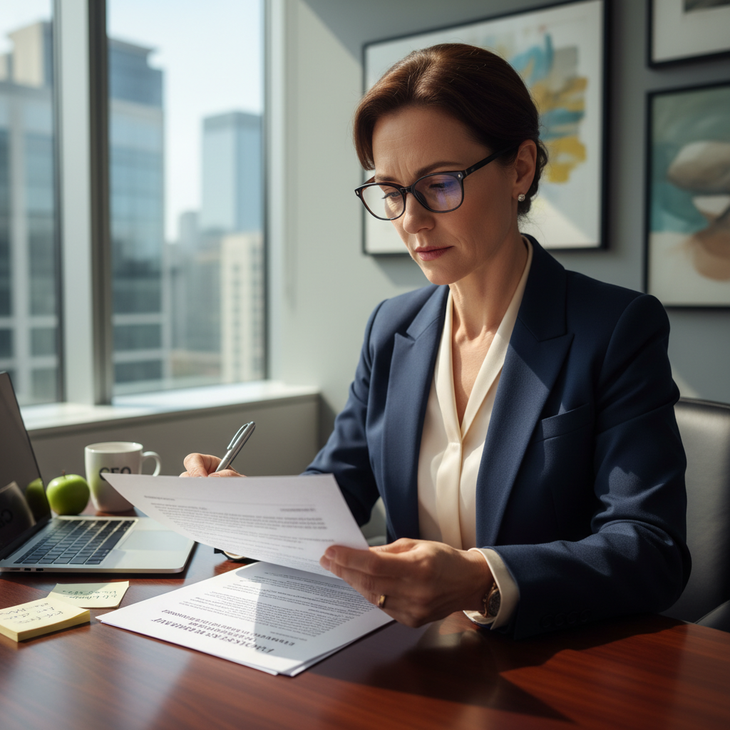 A photorealistic image of a professional businessperson in a modern office setting, carefully reviewing a contract for purchasing business equipment like machinery or office supplies, symbolizing the importance of avoiding mistakes in industrial goods purchase agreements. The scene conveys caution and attention to detail in a corporate environment.