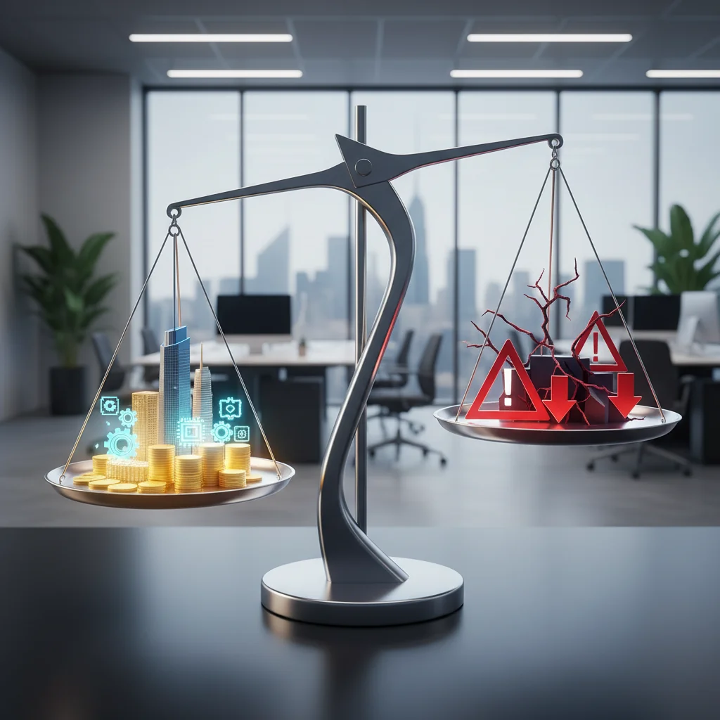 A balanced scale with one side showing golden coins and assets like buildings and machinery representing benefits, and the other side showing warning signs and risks like cracks or shadows, symbolizing the benefits and risks of asset purchase agreements, in a professional business setting.