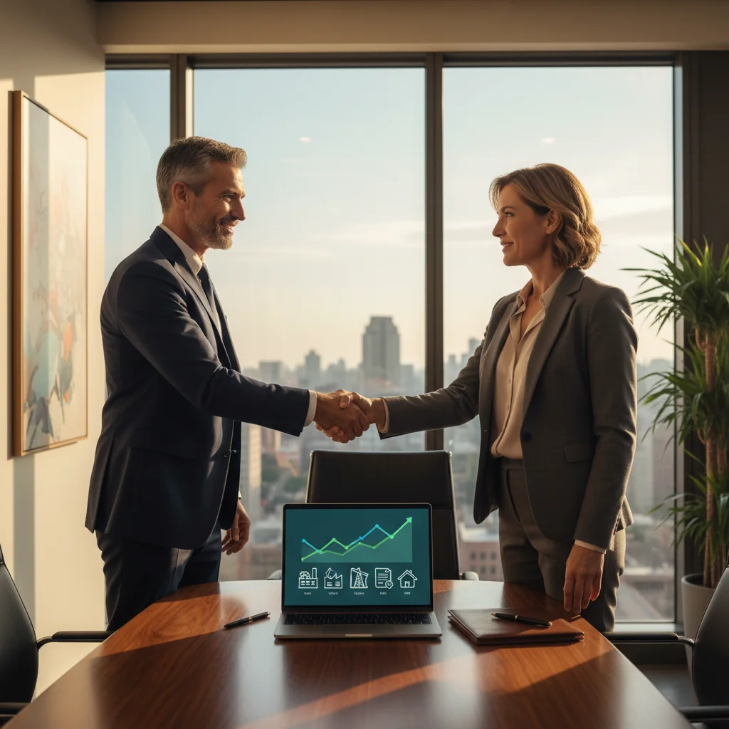 A photorealistic image of two professional adults in a modern office setting, shaking hands over a conference table with subtle business charts and asset icons in the background, symbolizing a successful asset sale agreement, no children present.