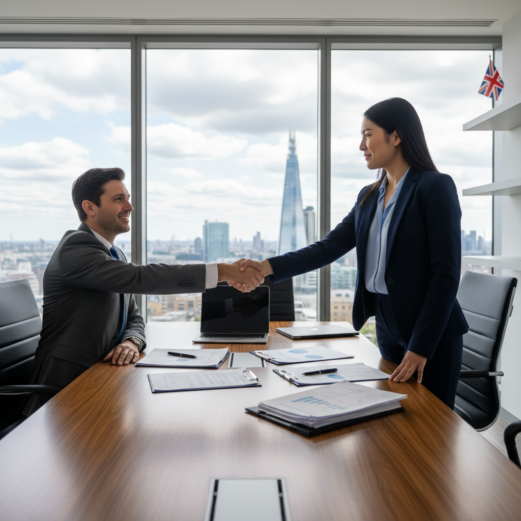 A photorealistic image of two professional adults, a man and a woman in business attire, shaking hands across a conference table in a modern UK office, with a subtle Union Jack flag in the background to represent the UK context. The scene symbolizes a successful asset purchase agreement without showing any documents.