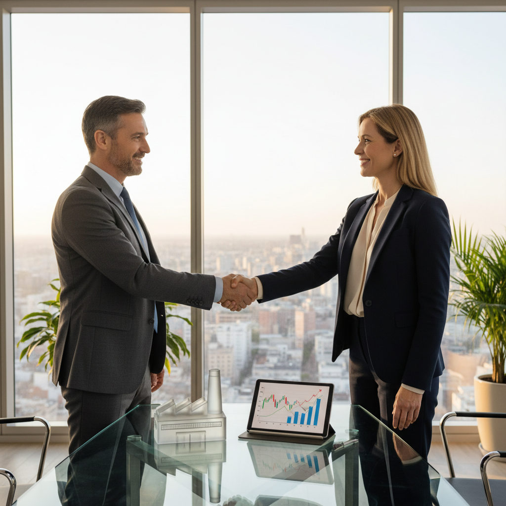 A photorealistic image of two professional adults in a modern office setting, shaking hands over a conference table with subtle business charts and asset symbols in the background, representing a successful asset transfer agreement without showing any legal documents.