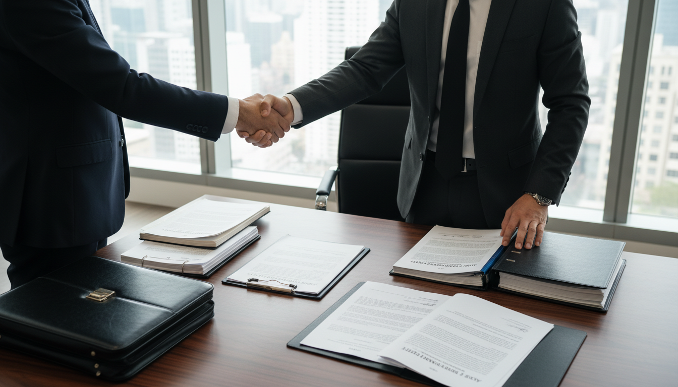 Businessmen signing asset transfer contract