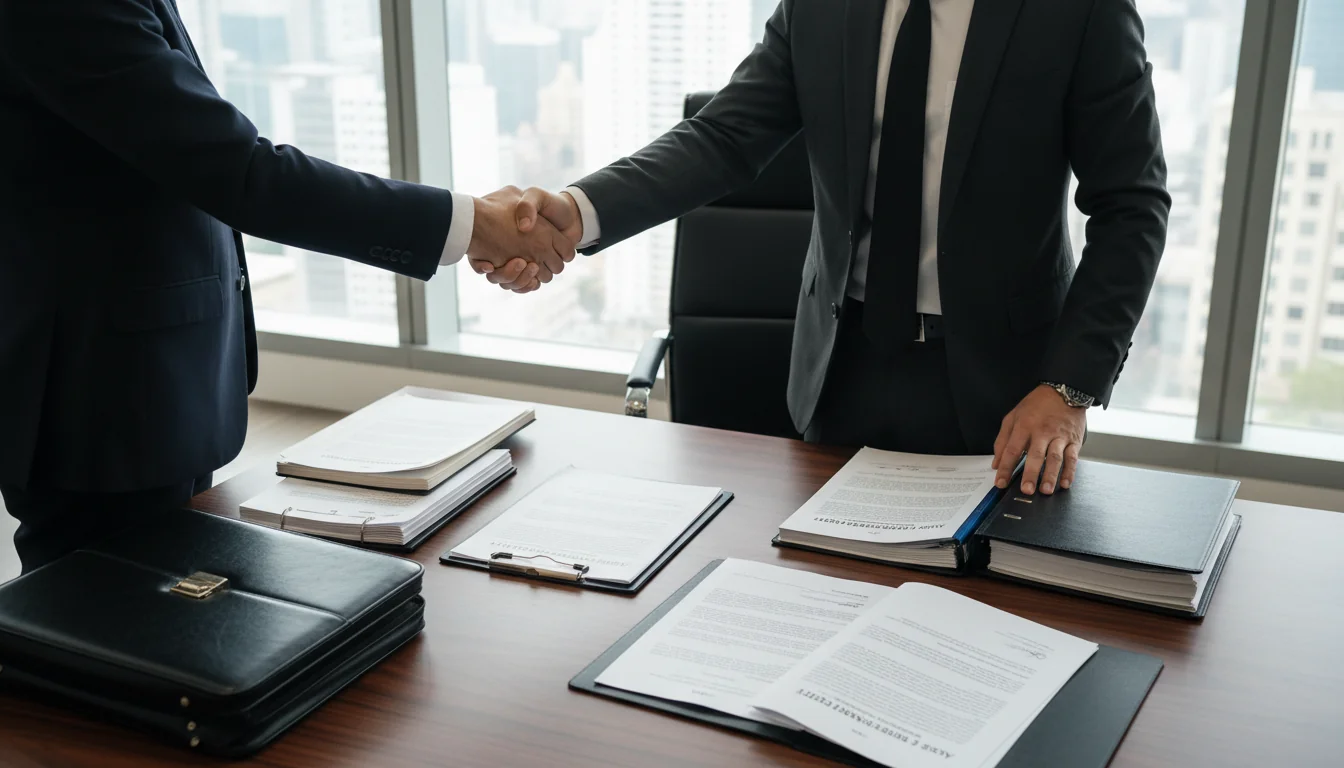 Businessmen signing asset transfer contract