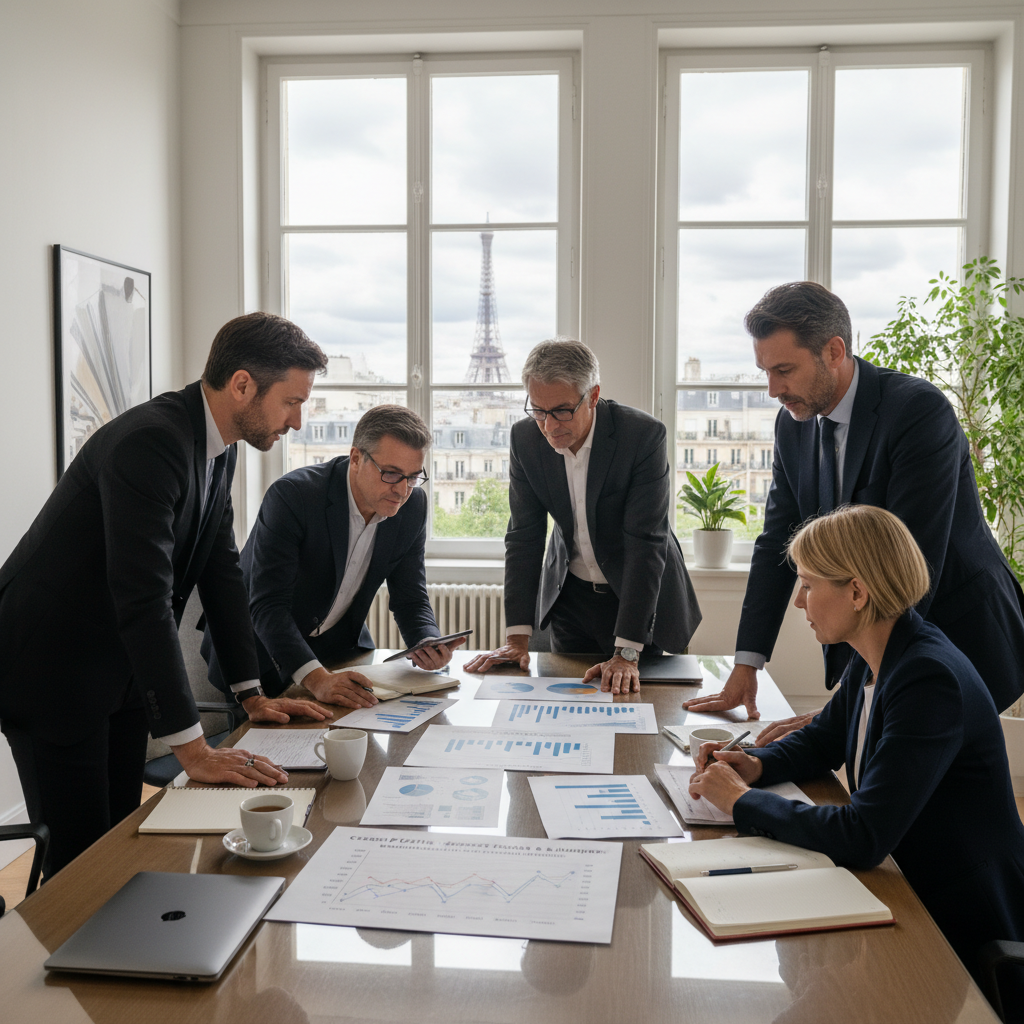 A photorealistic image of a professional business meeting in a modern French office, where adults are discussing financial documents and charts related to asset transfer and taxation, symbolizing fiscal and legal implications of asset sales in France. The scene captures a sense of collaboration and expertise without focusing on actual legal papers.