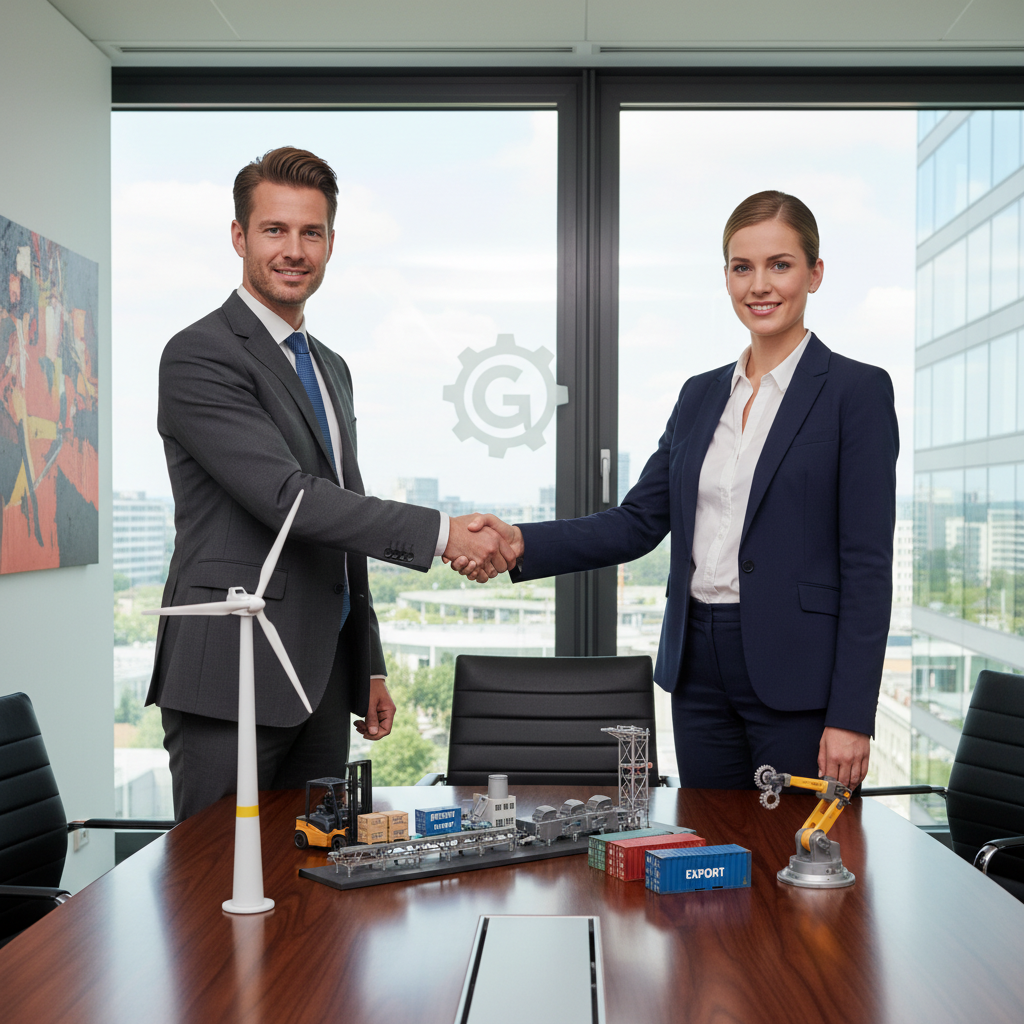 A photorealistic image of a professional business meeting in a modern German office, where two adults are shaking hands over a table with industrial equipment models, symbolizing the agreement on purchasing business goods, no children present.