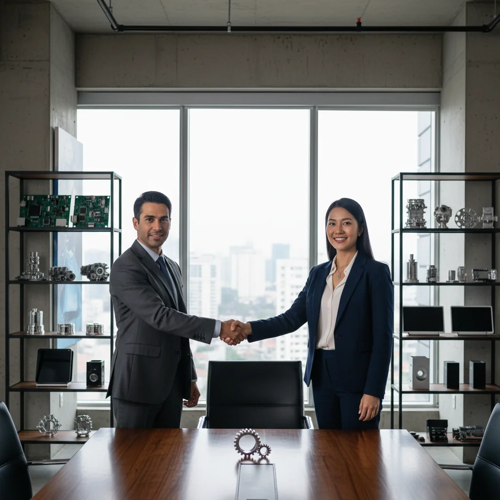 A photorealistic image depicting a professional business handshake between two adults in a modern office setting, symbolizing the agreement and exchange of goods in a commercial purchase contract, with no legal documents visible, no children present, and a focus on trust and business transaction.
