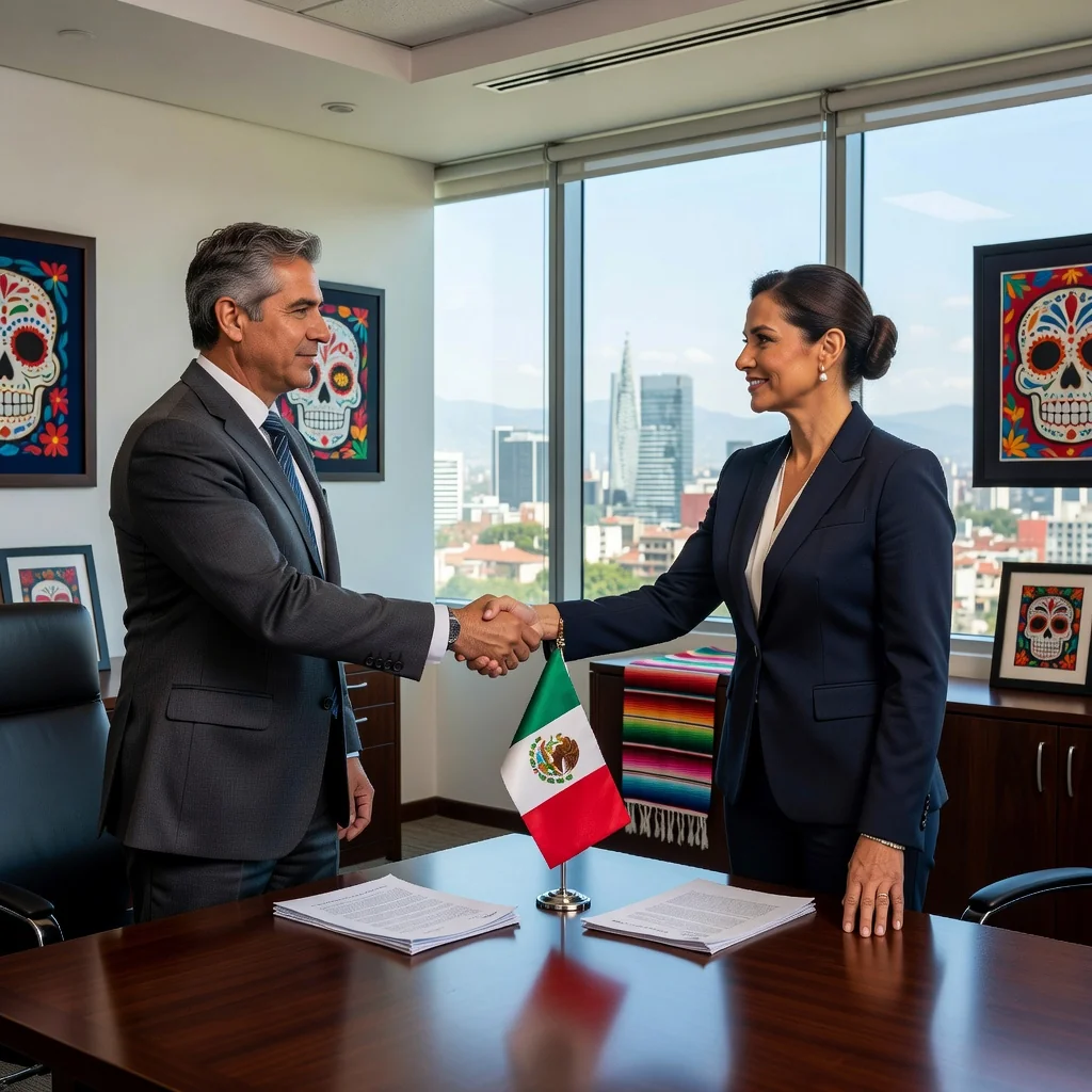 A photorealistic image of two professional adults in a modern Mexican office shaking hands over a business deal, symbolizing asset purchase agreement, with subtle Mexican cultural elements like a flag or map in the background, conveying trust and partnership in commerce.