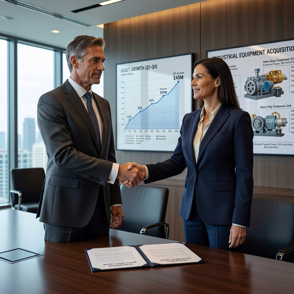 A professional business scene representing asset acquisition, such as a confident adult executive in a modern office shaking hands with a partner over a deal, symbolizing the successful purchase of business assets like equipment or property, photorealistic style, no children, no documents visible.