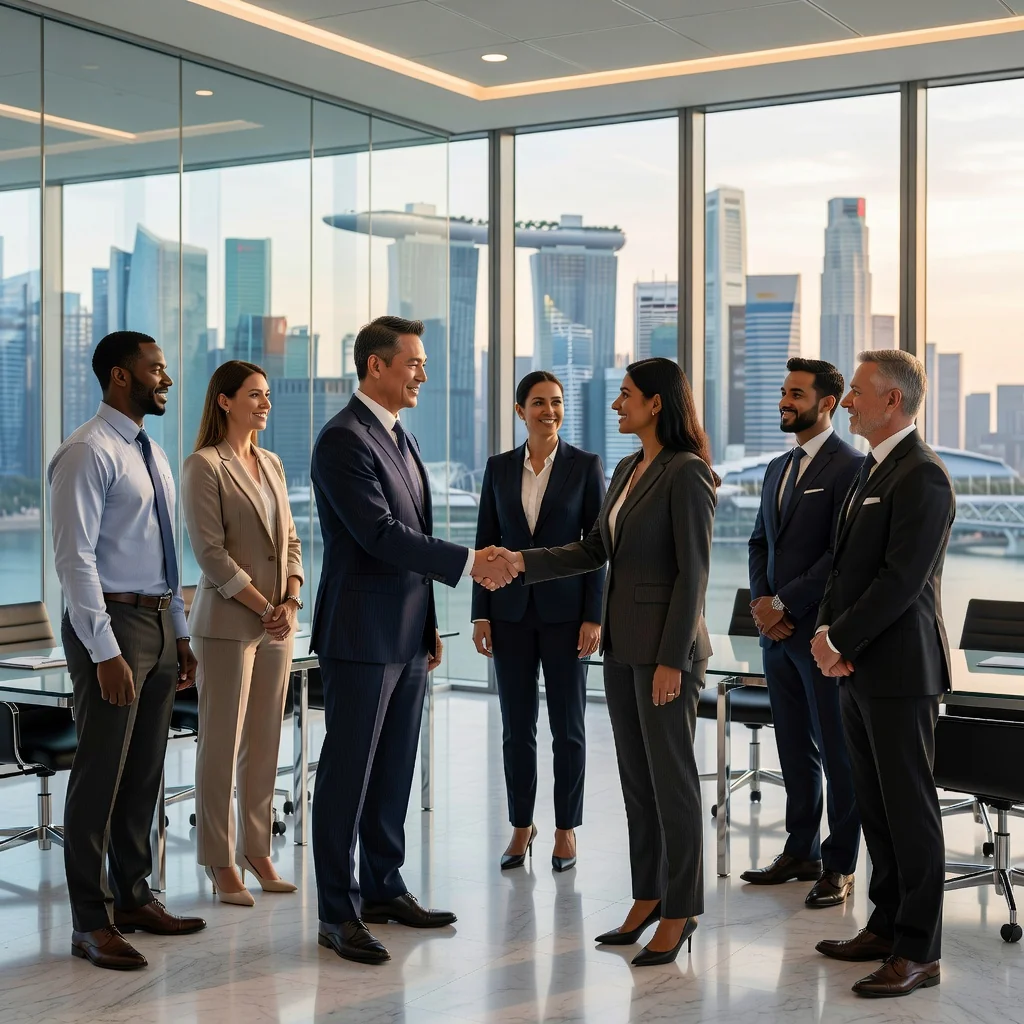 A professional business meeting in a modern Singapore office, with diverse adults shaking hands over a deal, symbolizing asset purchase agreement, photorealistic style, no children, no documents visible.