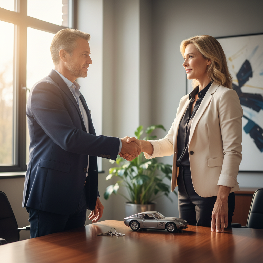 A photorealistic image of two adults shaking hands over a table with property items like a house key and a car model in the background, symbolizing a property sale agreement, in a professional office setting.