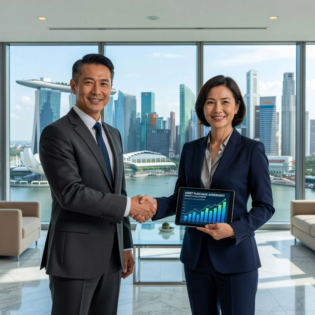 A photorealistic image of two professional adults in a modern Singapore office, shaking hands over a business deal, symbolizing asset acquisition and partnership in a corporate setting, with subtle Singapore skyline in the background.
