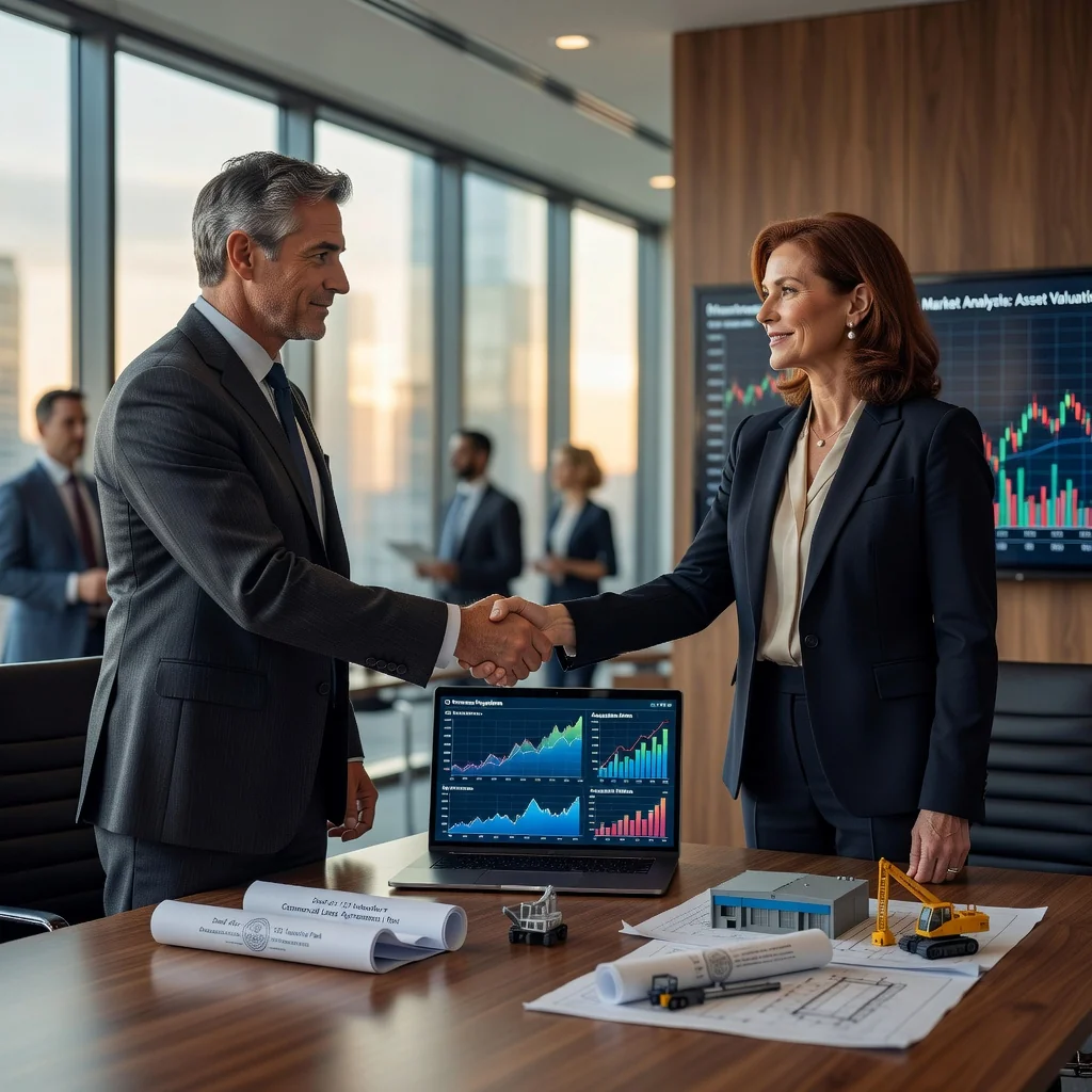 A photorealistic image of two professional adults in a modern office, shaking hands over a conference table with subtle business charts and asset icons in the background, symbolizing a successful asset purchase agreement.