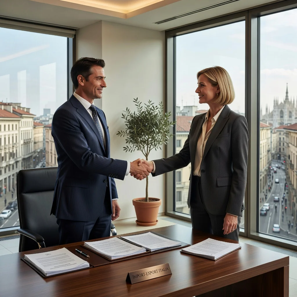 A photorealistic image depicting a professional business handshake between two adults in a modern Italian office setting, symbolizing the agreement in a goods purchase contract, with subtle Italian elements like a flag or architecture in the background, conveying trust and commerce without showing any legal documents.