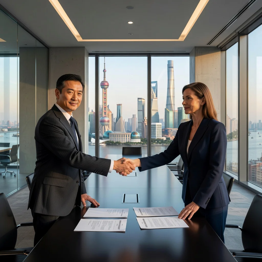 A professional business meeting in a modern Chinese office where two adults are shaking hands over a table with a city skyline view of Shanghai in the background, symbolizing asset purchase agreement.