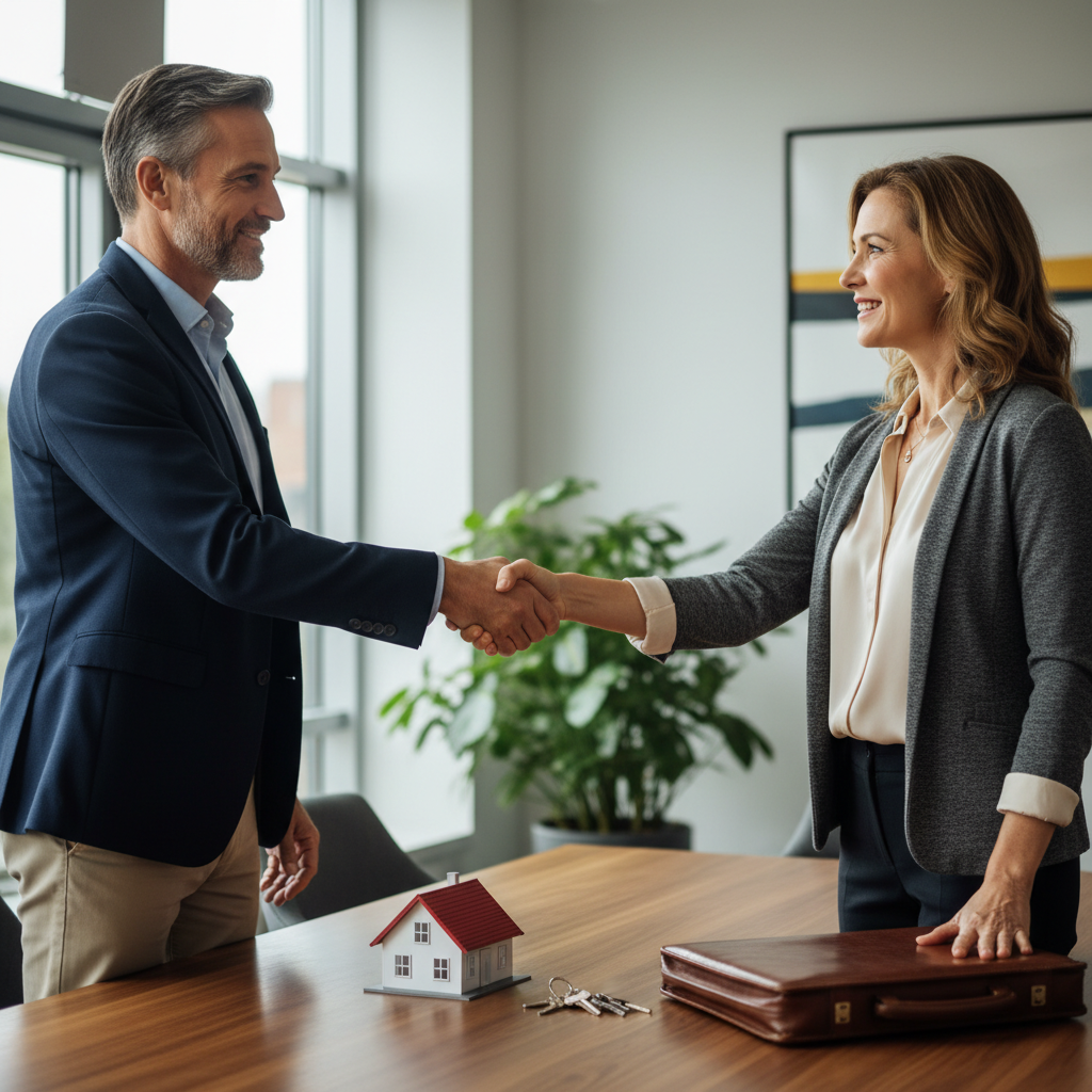 A photorealistic image depicting two adults shaking hands over a table with property items like a house model and keys, symbolizing a property sale agreement, in a professional setting, no children present.
