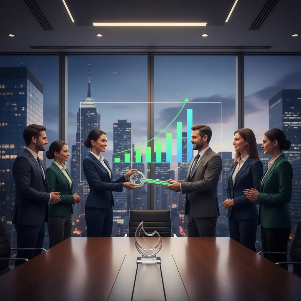 A professional business scene depicting the transfer of assets in a corporate acquisition, with a confident executive shaking hands with a business partner in a modern office, surrounded by subtle icons representing company assets like machinery, buildings, and financial charts on a digital screen in the background, conveying trust, agreement, and growth without showing any legal documents.