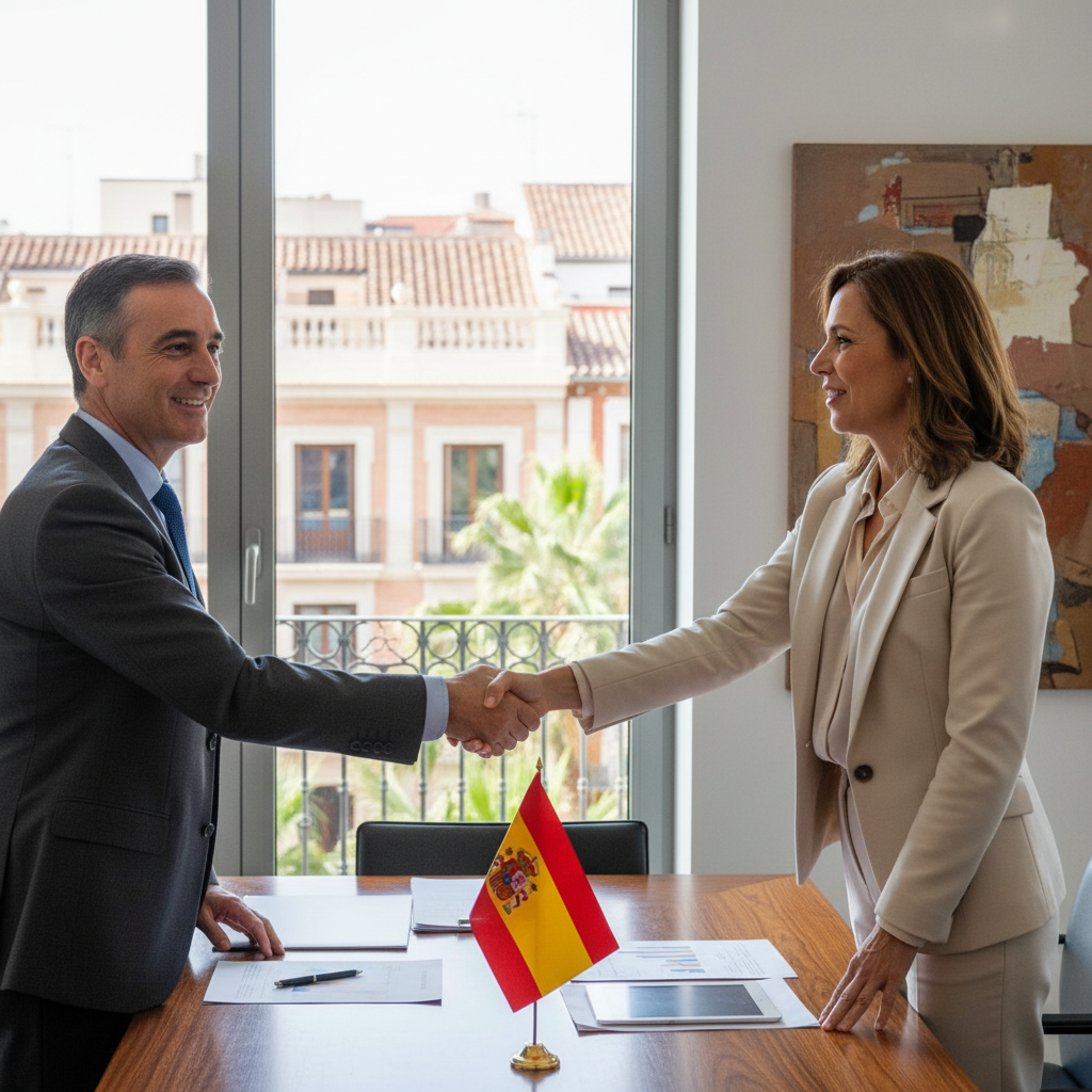 A photorealistic image of two professional adults, a business owner and a buyer, shaking hands across a conference table in a modern Spanish office, symbolizing the successful completion of an asset purchase deal, with subtle Spanish elements like a flag or map in the background, conveying trust and agreement in business transactions.
