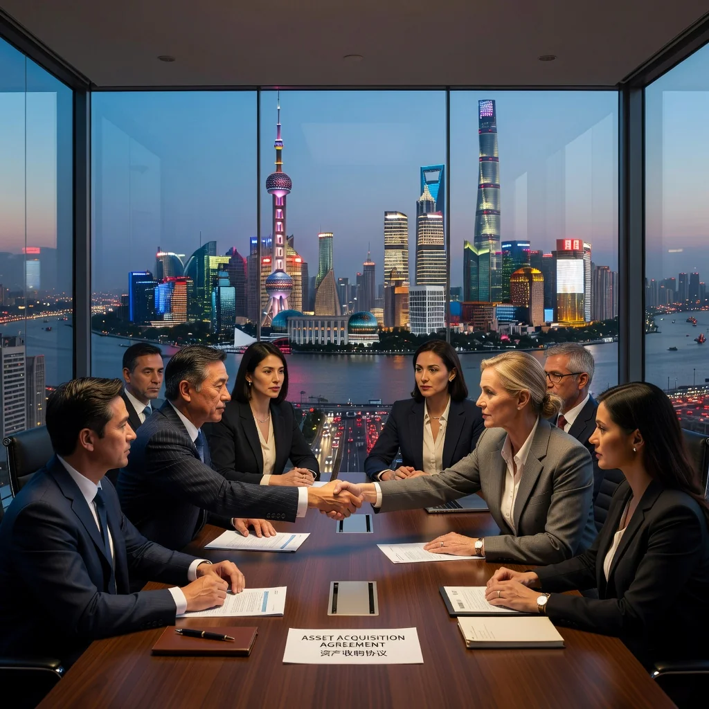 A photorealistic image representing the concept of asset purchase agreements in China, showing a diverse group of professional adults in a modern business meeting room in a Chinese city skyline background, shaking hands over a deal, symbolizing successful business transactions and investments, no children present.