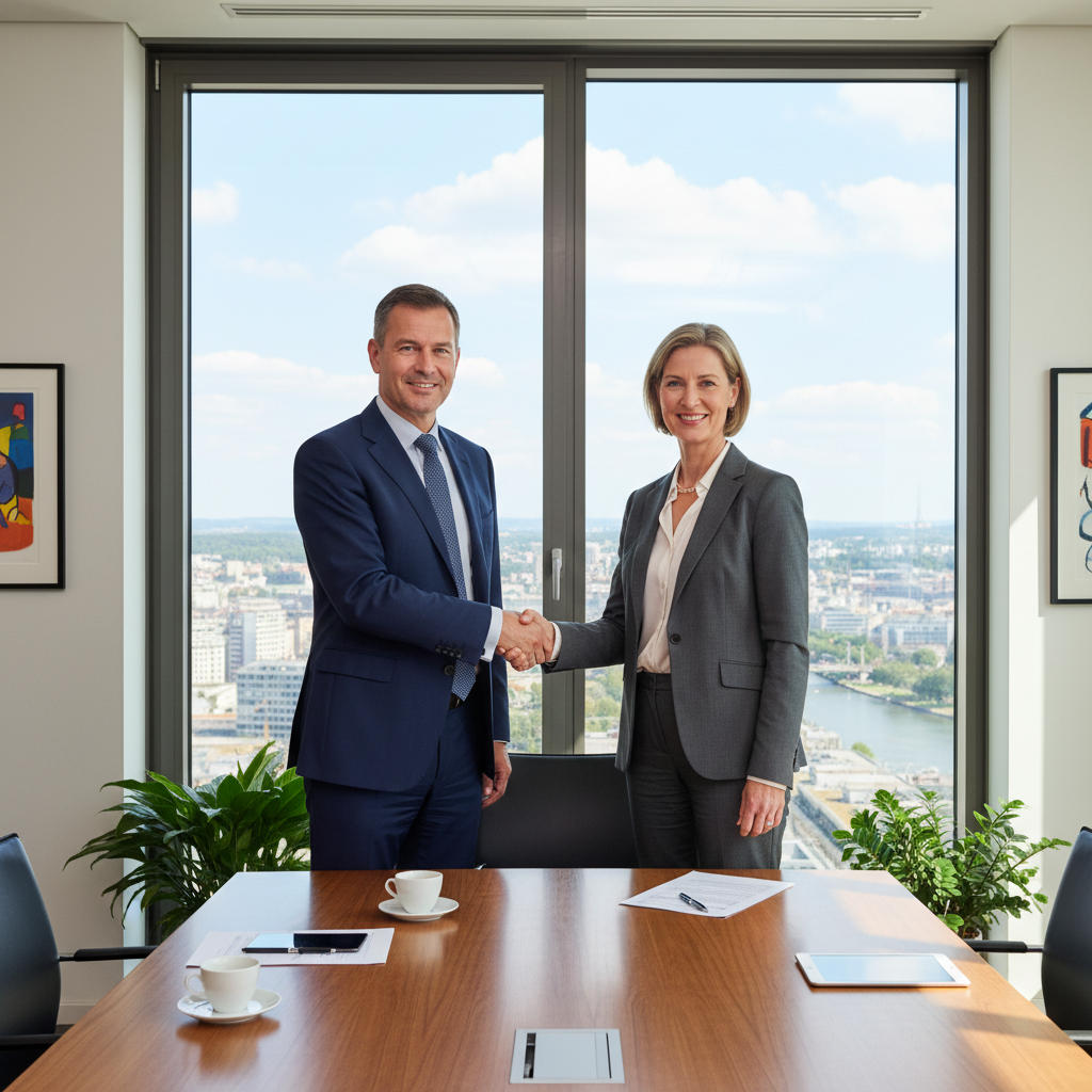 A photorealistic image of two professional adults in a modern German office, shaking hands over a conference table to symbolize the agreement in a Kaufvertrag für Wirtschaftsgüter, representing the business transaction of purchasing economic goods without showing any documents or children.