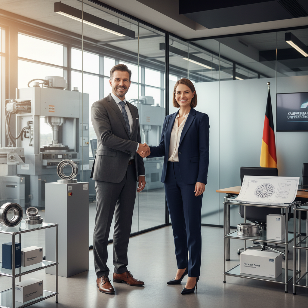 A professional business scene in a modern German office, showing two adults shaking hands over a conference table with economic goods like machinery and equipment in the background, symbolizing a purchase agreement for business assets, photorealistic style.