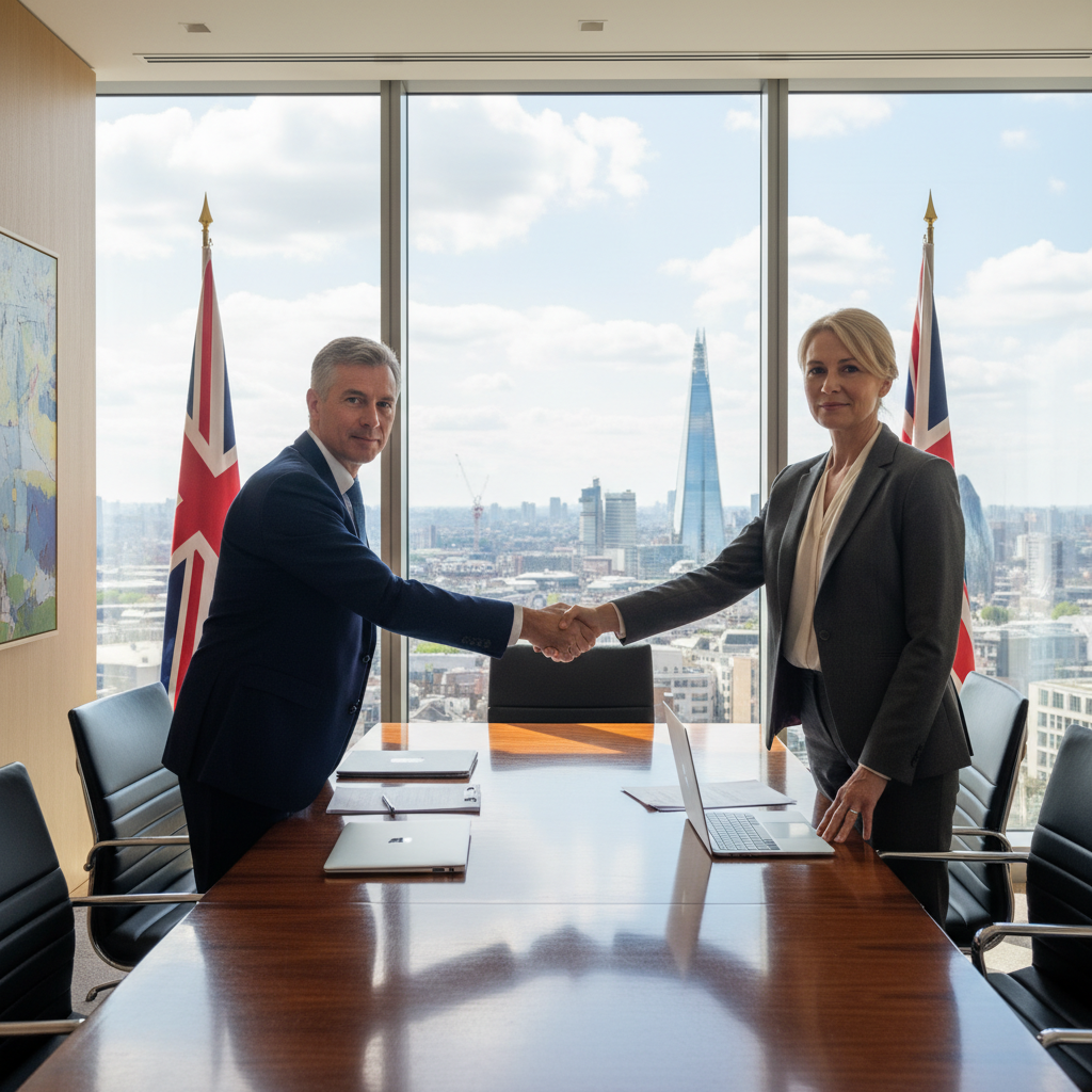 A professional business meeting in a modern UK office where two suited executives are shaking hands over a conference table, symbolizing a successful asset acquisition deal, with subtle British elements like a Union Jack flag in the background or London skyline view through the window, conveying trust and agreement in corporate transactions.