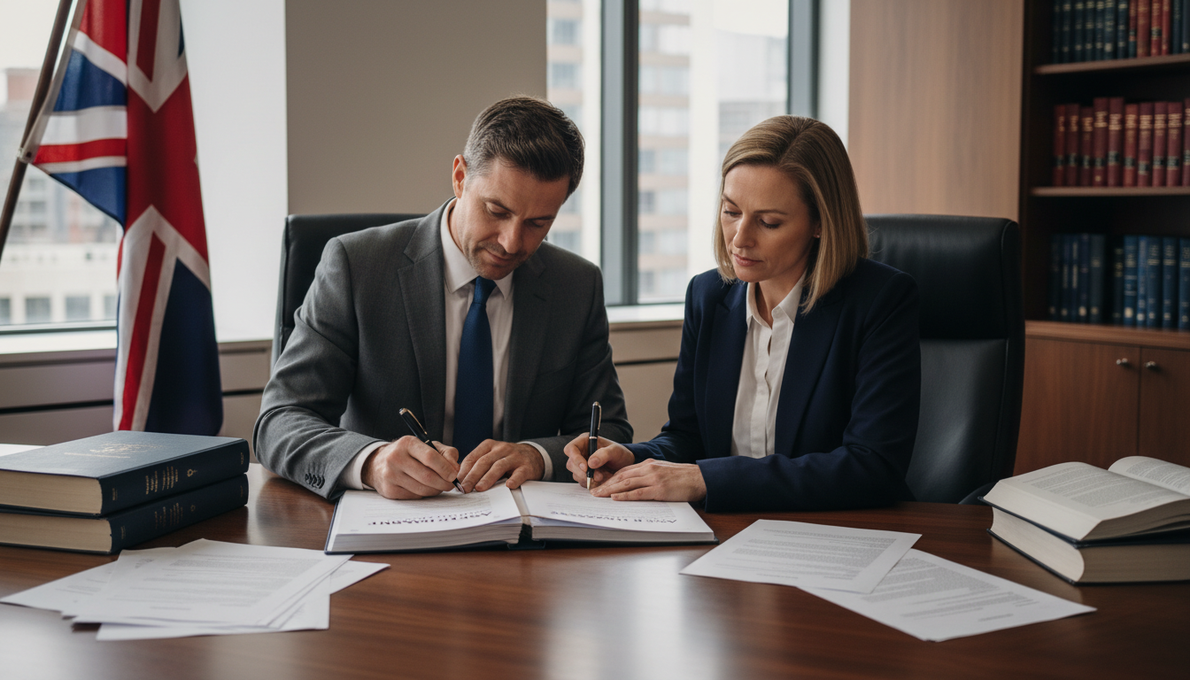 Business professionals signing asset agreement