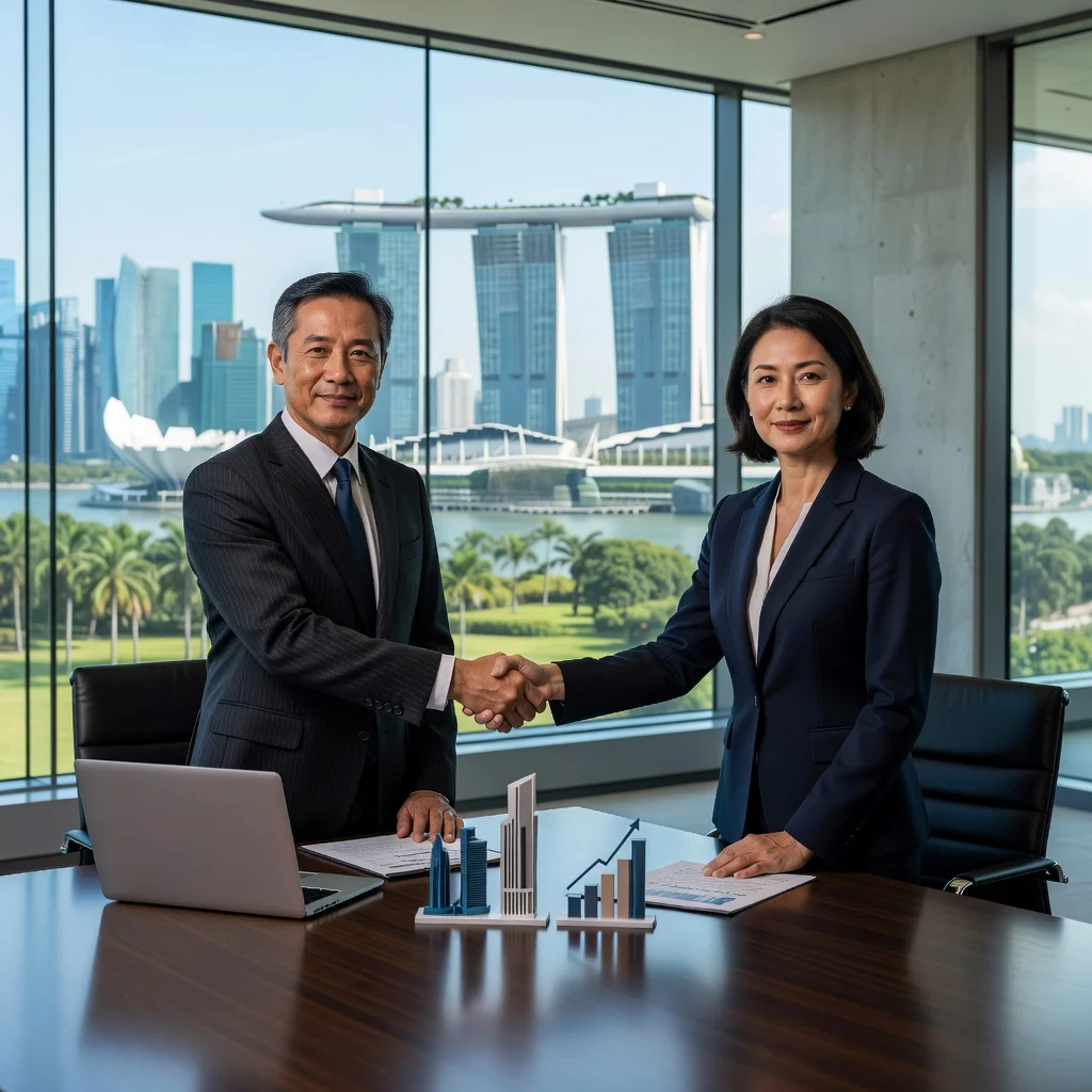 A photorealistic image symbolizing asset acquisition in a Singapore business context, featuring two professional adults in business attire shaking hands in a modern Singapore office with city skyline view, representing the agreement and partnership in purchasing business assets.