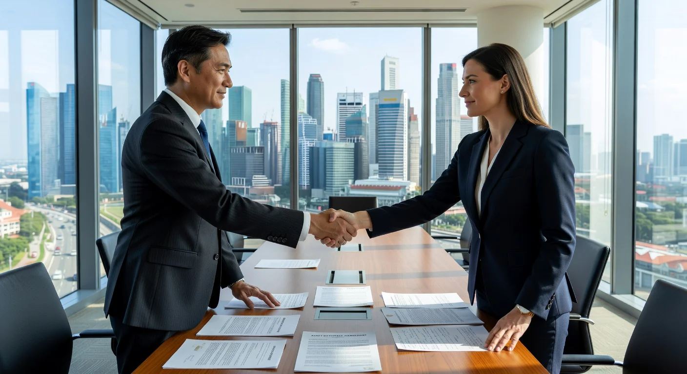 Business handshake over agreement papers