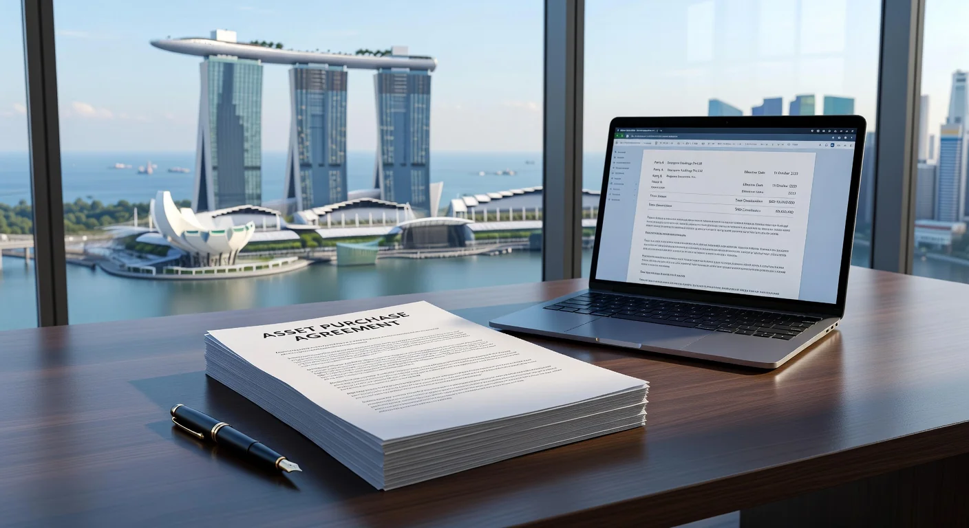 Singapore skyline with legal documents