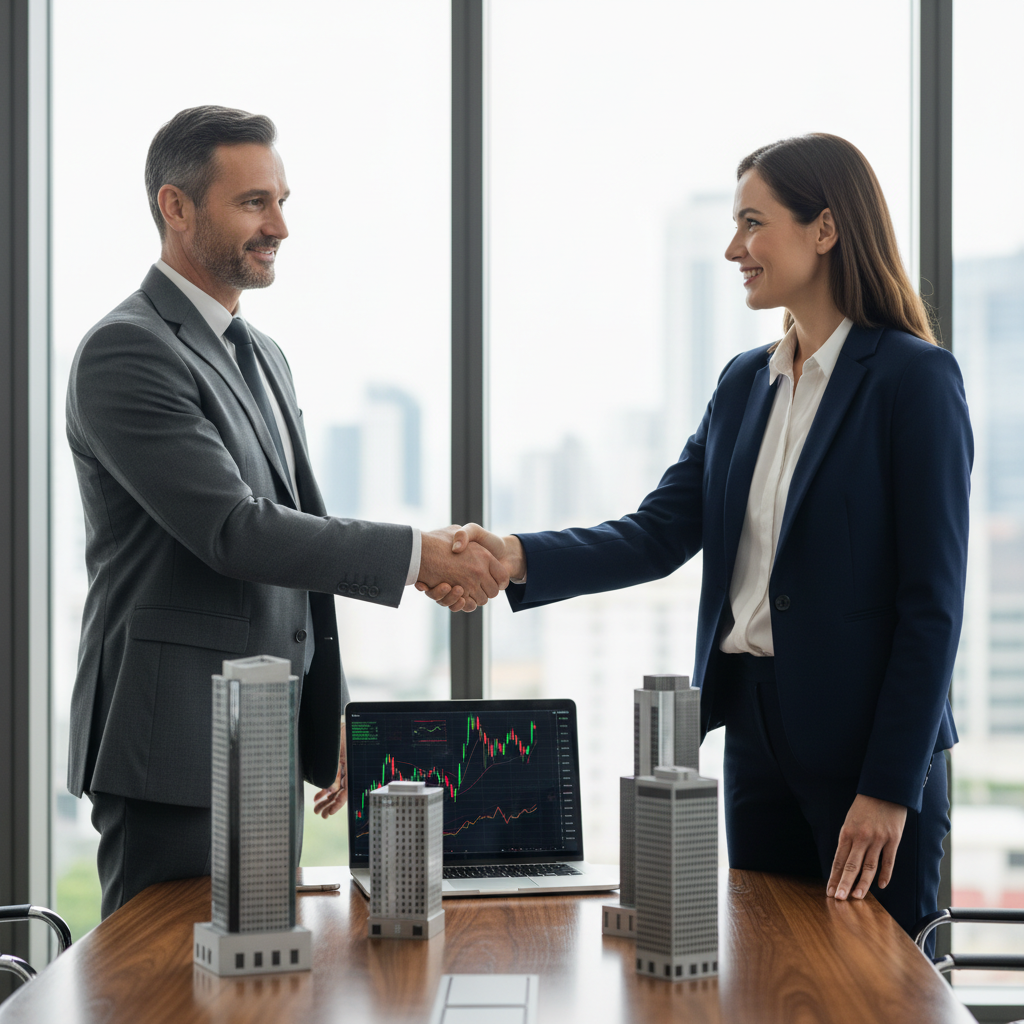 A photorealistic image of two professional adults in a modern office setting, shaking hands over a conference table with a subtle background of financial charts and assets like property models, symbolizing a business asset purchase agreement.