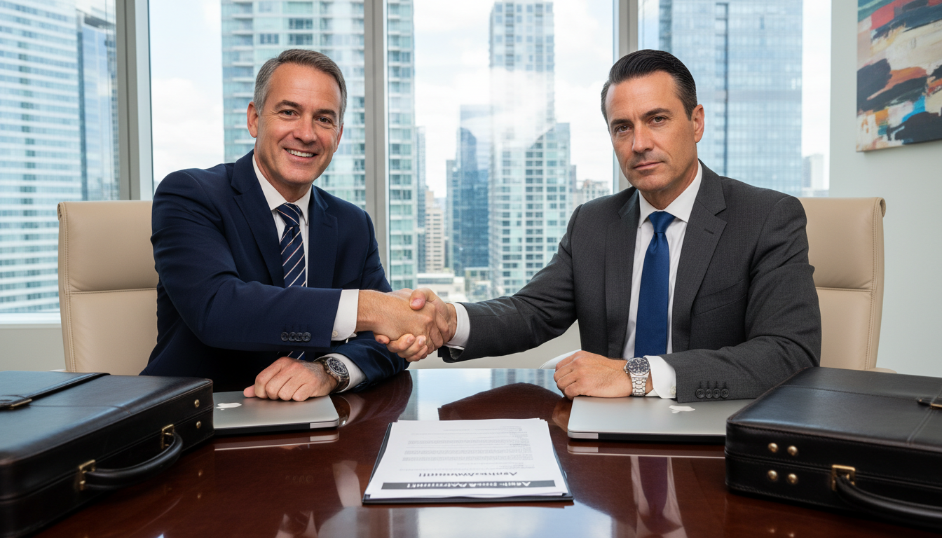 Businessmen signing asset purchase agreement