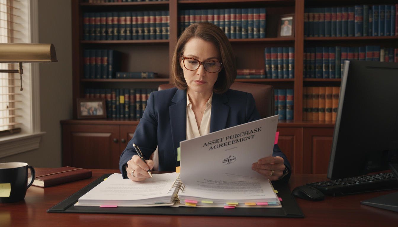 Lawyer reviewing asset agreement contract