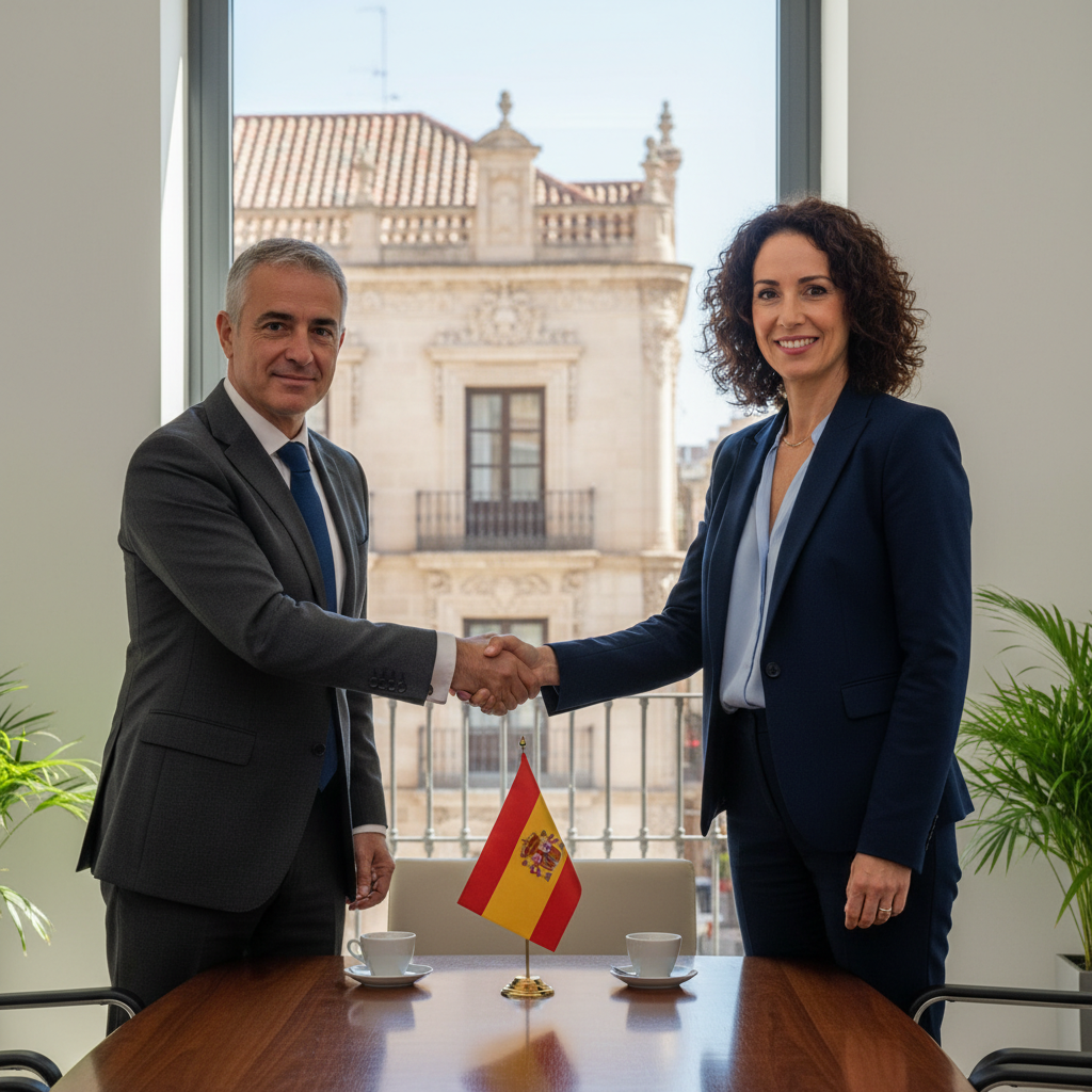 A photorealistic image representing the purpose of a 'Contrato de compraventa de activos' (asset purchase agreement) in Spain, showing two professional adults shaking hands in a modern Spanish office with subtle Spanish elements like a flag or architecture in the background, symbolizing a business asset transaction.