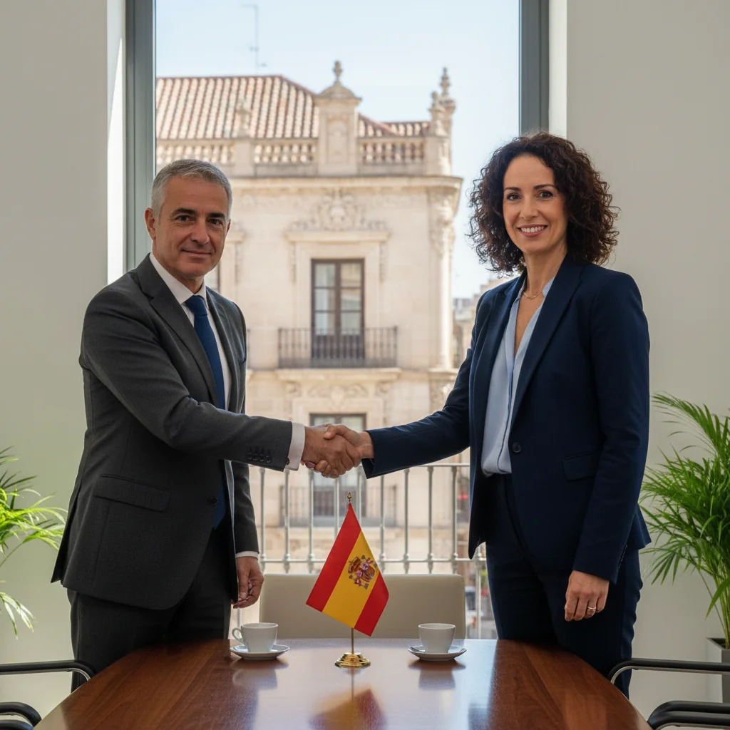 A photorealistic image representing the purpose of a 'Contrato de compraventa de activos' (asset purchase agreement) in Spain, showing two professional adults shaking hands in a modern Spanish office with subtle Spanish elements like a flag or architecture in the background, symbolizing a business asset transaction.