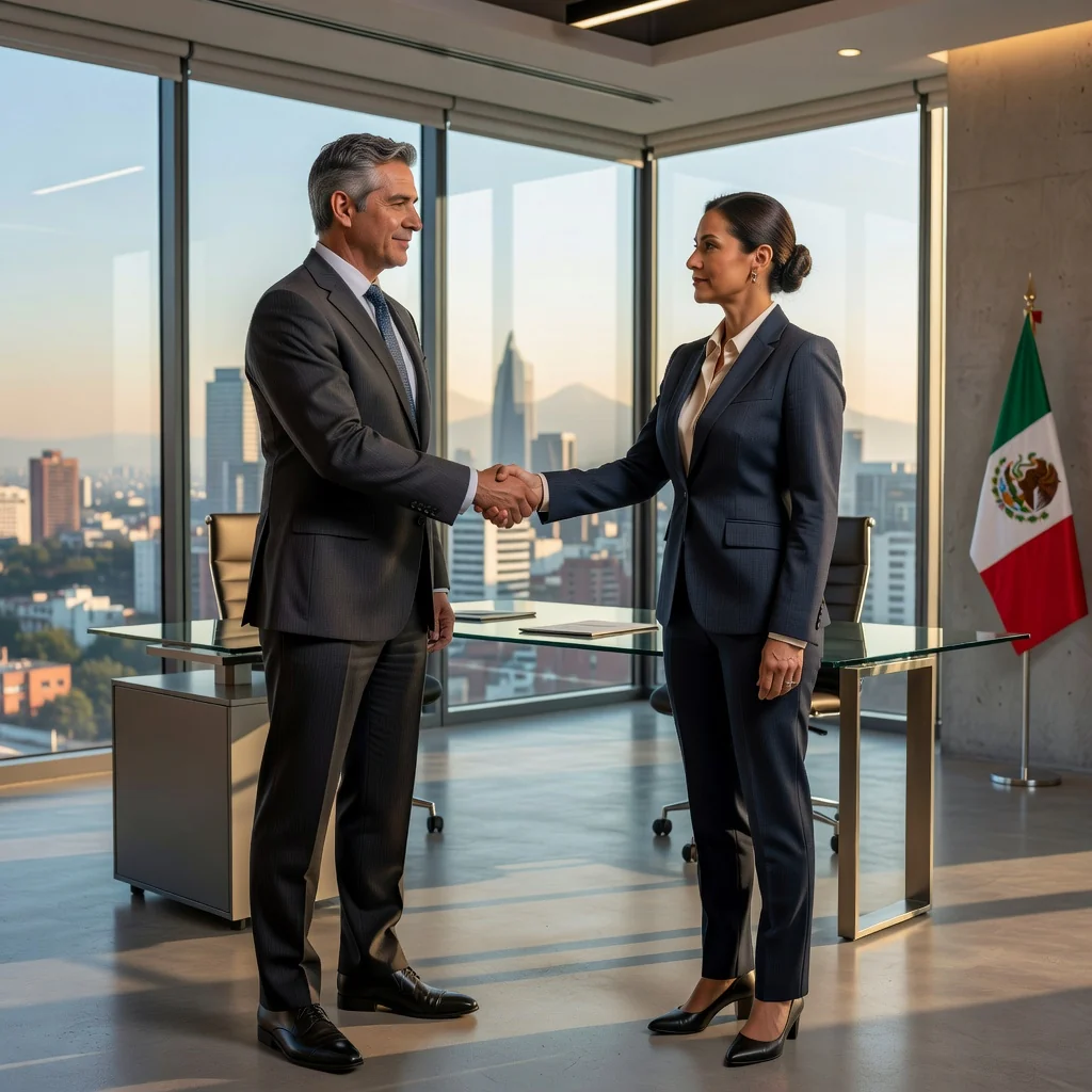 A photorealistic image representing asset purchase transactions in Mexico, featuring a professional business meeting in a modern Mexican office with adults shaking hands over a deal, subtle Mexican cultural elements in the background like a flag or cityscape, conveying trust and agreement without showing any documents.