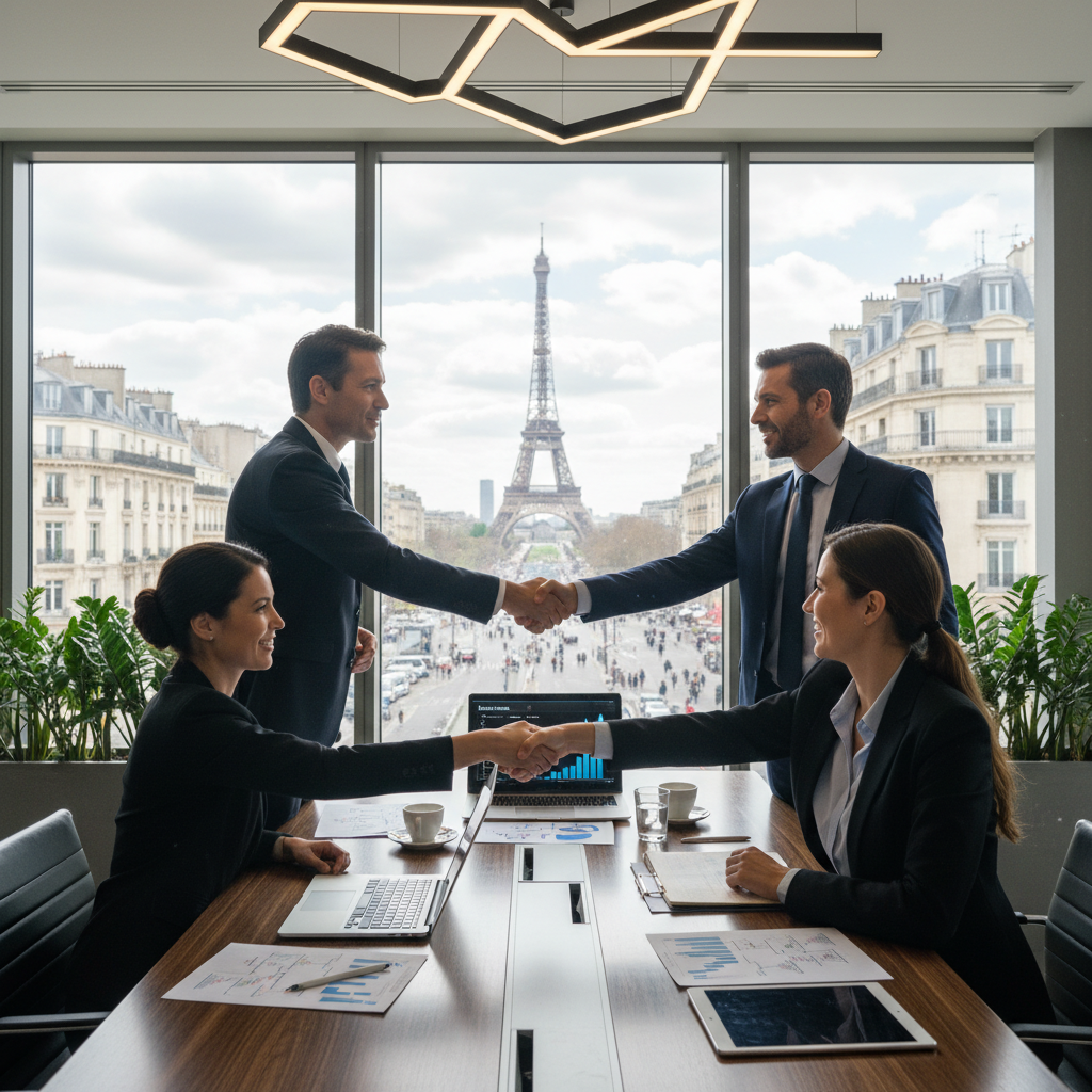 A photorealistic image depicting a professional business meeting in a modern French office, where a diverse group of adult business professionals are shaking hands over a conference table, symbolizing the transfer of assets and business agreements, with subtle French elements like a Eiffel Tower view in the background, no children present.