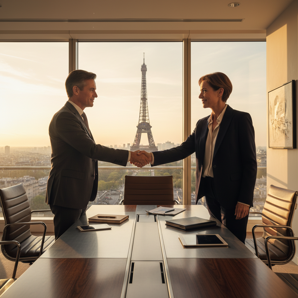 A professional scene representing asset transfer in a French business context, such as two suited executives shaking hands over a conference table with a subtle French flag or Eiffel Tower view in the background, symbolizing a successful business deal without focusing on documents.