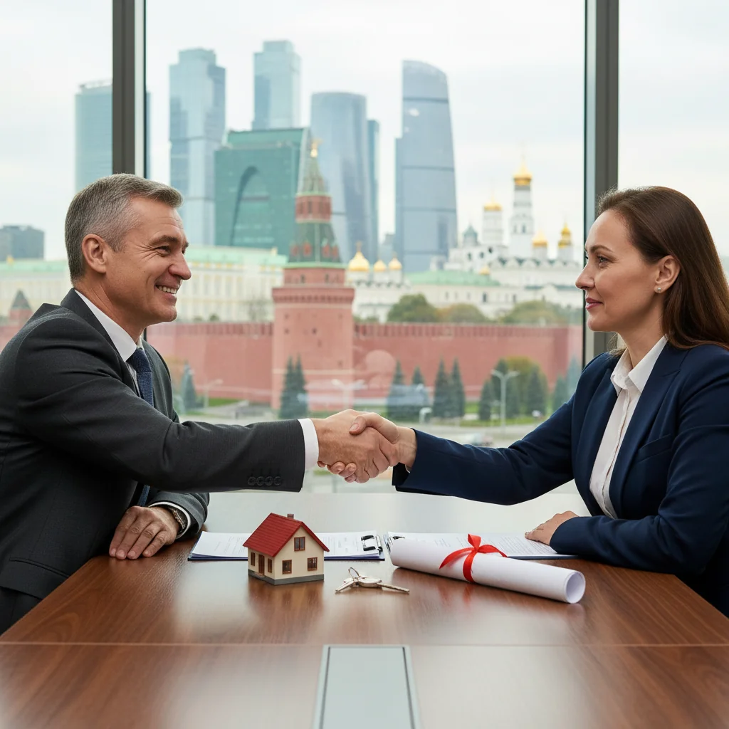 A photorealistic image of two adults shaking hands in a professional setting, symbolizing the agreement and exchange of property in a Russian legal context, with subtle Russian architectural elements in the background like a modern office overlooking a cityscape with onion domes.