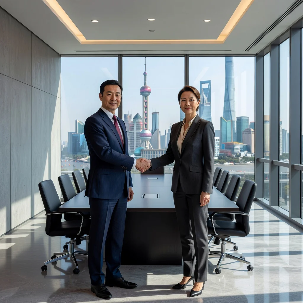 A professional business meeting in a modern Chinese office, where two adults in suits are shaking hands over a table with a subtle Chinese city skyline view in the background, symbolizing asset purchase agreement in a corporate setting.