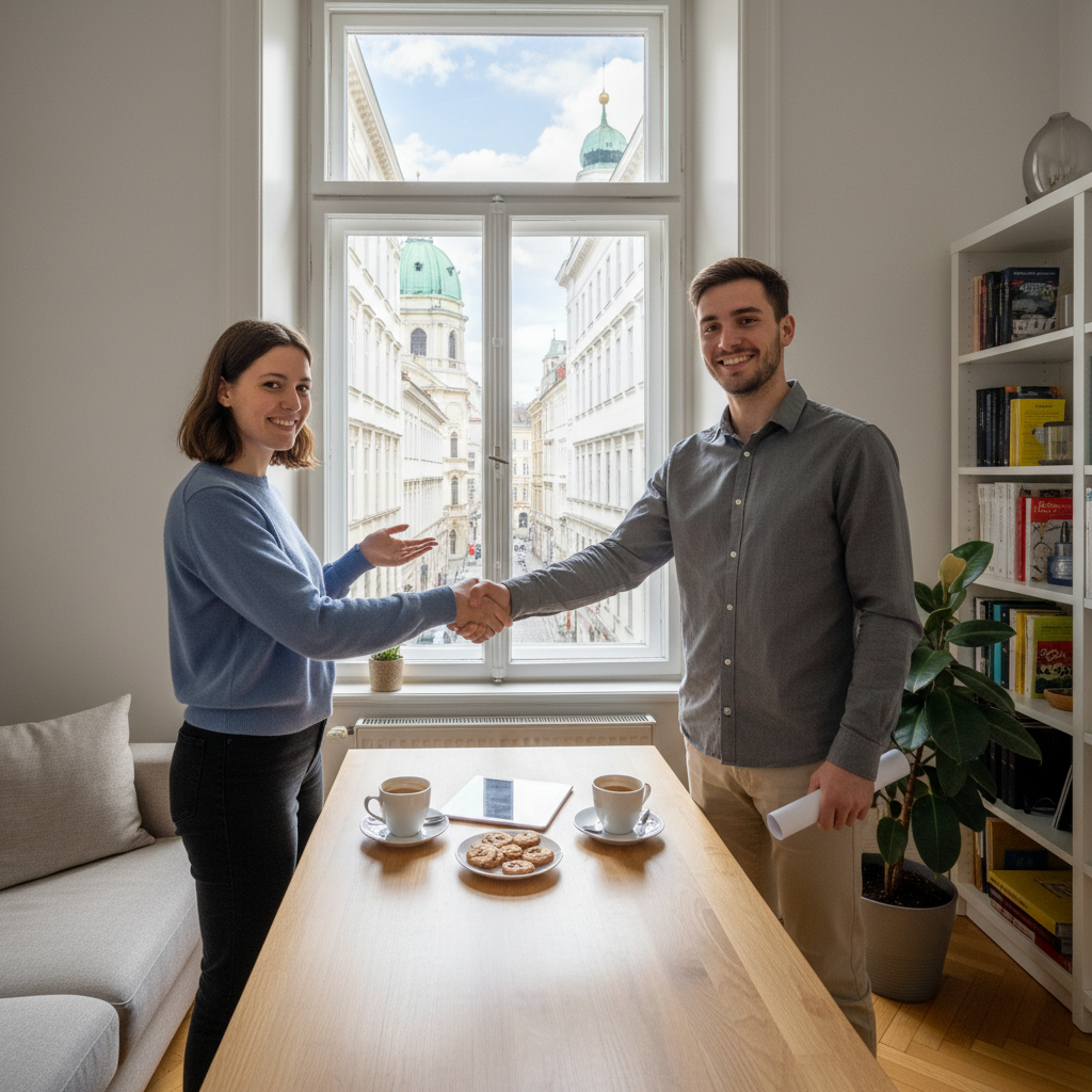 A photorealistic image of two young adults in a modern Austrian apartment, shaking hands over a table with a city view of Vienna in the background, symbolizing a sublease agreement. The scene conveys trust and agreement in renting out a room or space, with warm lighting and contemporary furniture, no legal documents visible.