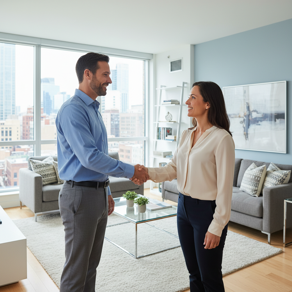 A photorealistic image of two adults, a tenant and a subtenant, shaking hands in a modern apartment living room, symbolizing the agreement for a sublease contract. The scene conveys trust and mutual understanding in a residential setting, with natural light coming through windows, no legal documents visible.