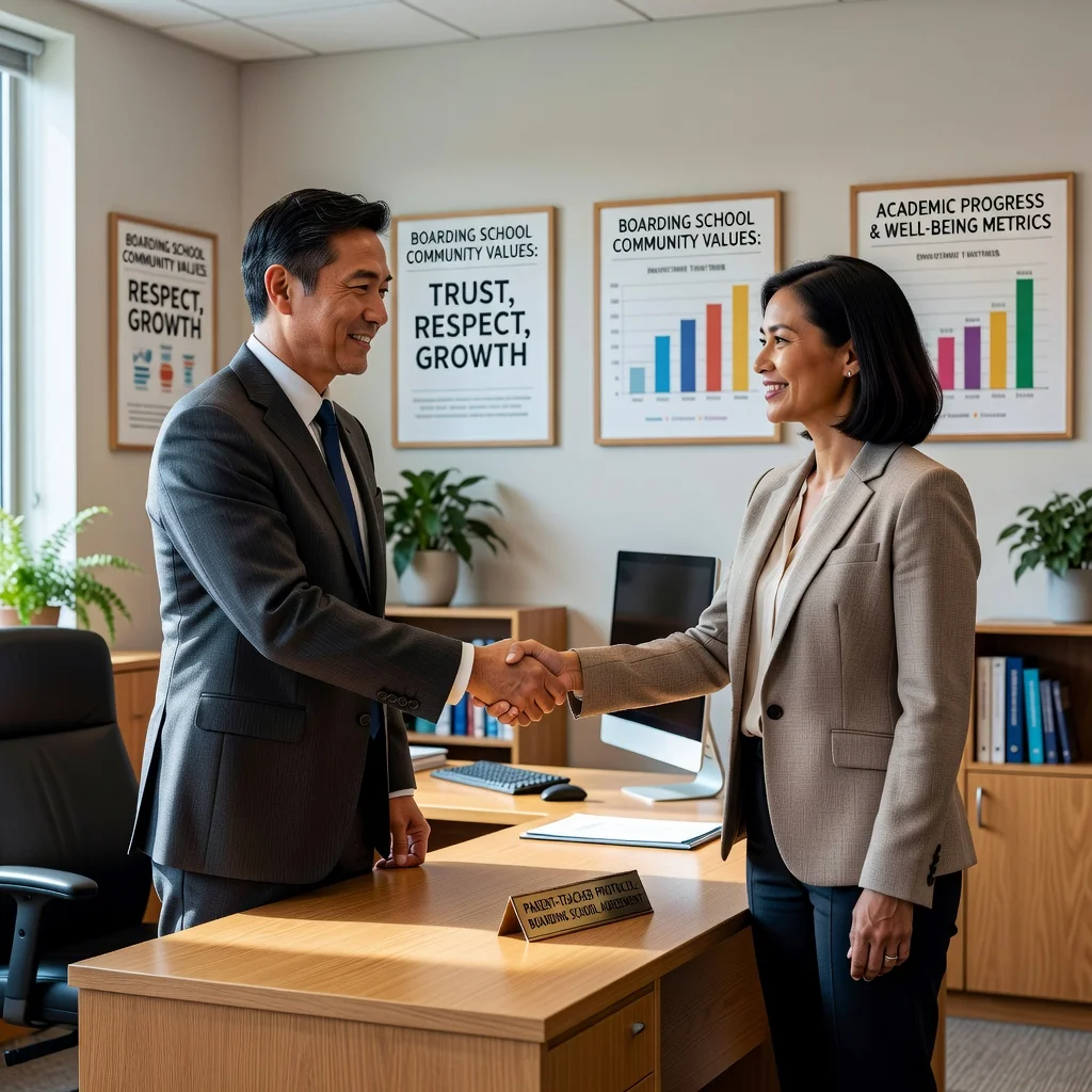 A photorealistic image depicting a caring parent and a teacher in a school setting, discussing boarding arrangements for a student, symbolizing the trust and agreement in a boarding protocol. The focus is on the adults, conveying security and education without showing any children.